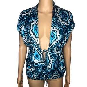 Express Blue Psychedelic Abstract Print Romper Style Tunic Blouse